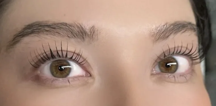 Close-up of freshly lifted, healthy natural lashes on both eyes